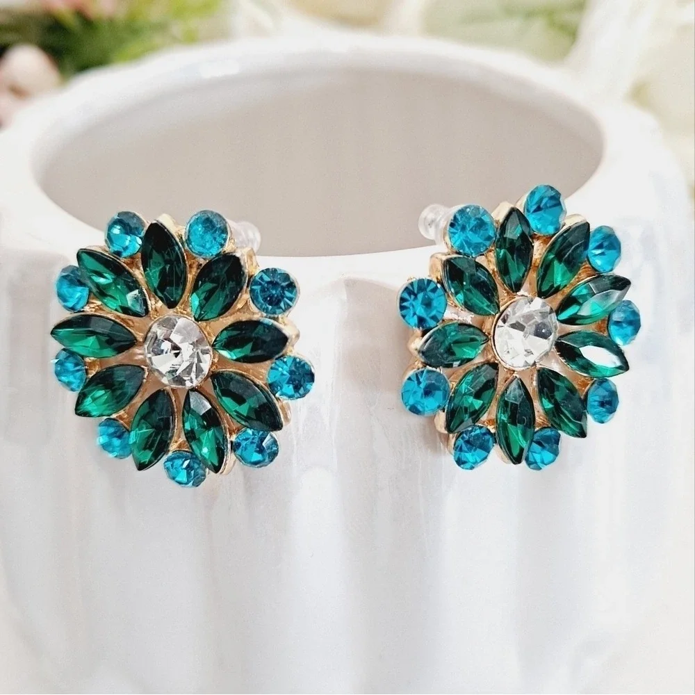 Green Turquoise Rhinestone Cluster Flower Statement Stud Earrings formal prom 💖